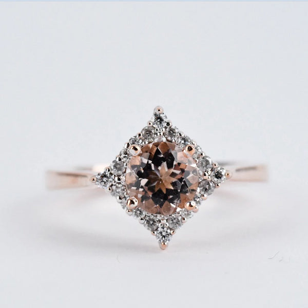 Art Deco Style & Diamond Shape Halo, Round Morganite Engagement Ring white diamond ring