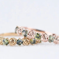 Vintage Rose Bud Ring Green sapphire Solid 14k Yellow Gold Wedding Band