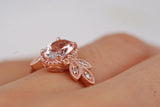Pink-peach Oval Morganite Ring, Vintage Leaf Design Engagement Ring, white diamond solid rose gold ring