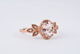 Pink-peach Oval Morganite Ring, Vintage Leaf Design Engagement Ring, white diamond solid rose gold ring