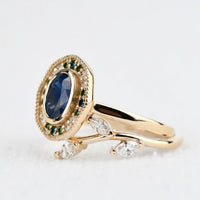 Art deco floral, solid 14k yellow gold engagement ring blue sapphire & color diamond ring
