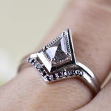 Salt and pepper Kite Diamond Double Shank Ring Black Diamond Halo 14k Solid Gold Attached Bridal Set