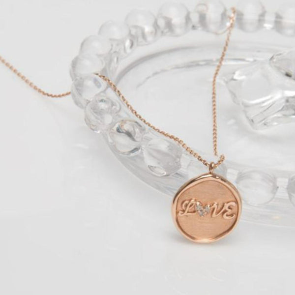 Love is only, both side love heart pendant , 14k rose gold Love coin necklace