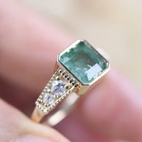 Art Deco Bezel Set Emerald Engagement Ring White Diamond 14k Solid Yellow Gold Vintage Ring