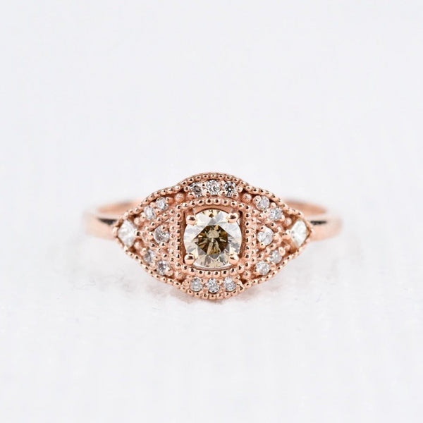 Antique Style Cognac Diamond Engagement Ring solid 14k rose gold white diamond halo ring