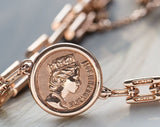 Queen Elizabeth Antique Coin with Art Deco link Bracelet, 14k Solid Rose Gold Daily Bracelet