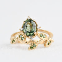 Special& Rare Olive Green Sapphire Vintage Engagement ring 1.2 ct oval sapphire ,white diamond , solid 14k yellow gold ring