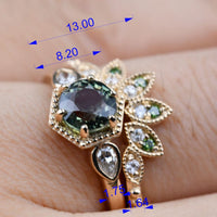 Art Deco Green Sapphire Hexagon Engagement Ring 14k Solid Yellow Gold Diamond  Ring
