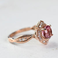 The queen of Floral Pink Tourmaline engagement ring , White diamond 14k Rose Gold Vintage Ring