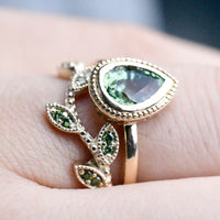 Apple Green Pear Green Sapphire , Vintage Solitary 14k Solid Yellow Gold Engagement Ring