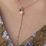 Bohemian Duo Star Charm Necklace, 14k rose gold blue diamond  Daily Necklace