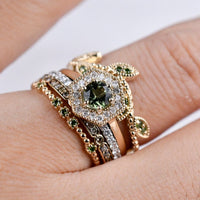 Hexagon Art Deco, Natural Green Round Sapphire Engagement Ring, 14k Yellow Gold White Diamond ring
