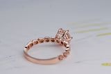 Hexagon Rose Quartz Engagement ring Diamond art Deco band 14k rose solid gold ring