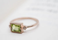 Art Deco style Peridot white diamond engagement ring rose gold yellow gold ring
