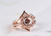 Stunning flower, Magnolia Engagement ring set 6mm round morganite, white diamond & rose gold set