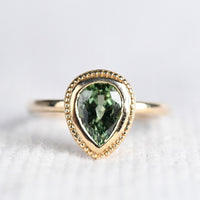 Apple Green Pear Green Sapphire , Vintage Solitary 14k Solid Yellow Gold Engagement Ring