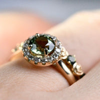 6mm Round Olive Green Sapphire Vintage Engagement Ring White Diamond Halo solid 14k Yellow Gold ring