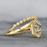 Round Aquamarine White Diamond Hexagon Halo 14k Solid gold Engagement Ring