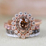 Pear Shape Brown Diamond Double Halo White Diamond Solid 14k Rose Gold Engagement Ring