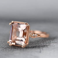 3 ct Emerald cut Morganite Solid 14k Rose Gold Vintage Engagement Ring