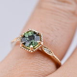 Art deco Hexagon, Green Sapphire Engagement Ring White diamond Solid 14k Yellow Gold Ring