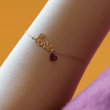 Love and Pink Heart Gold Bracelet Solid 14k Rose Gold Pink Ruby Daily Bracelet