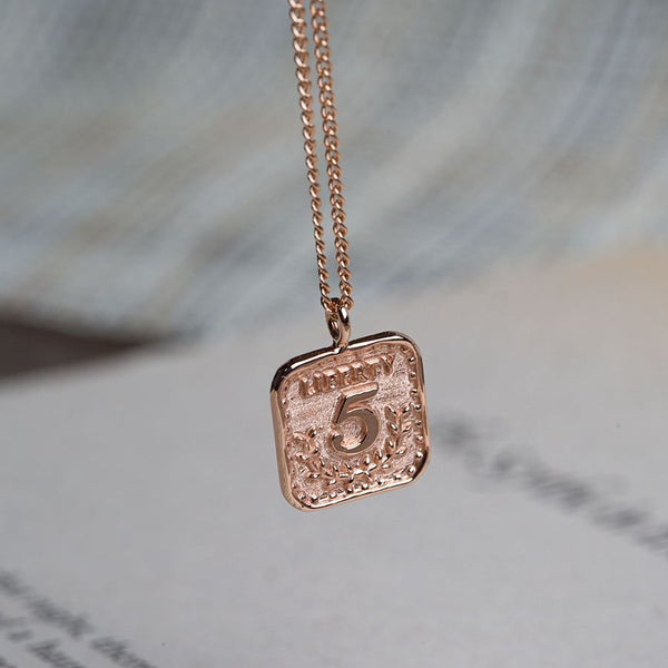 Liberty 5 lucky pendant solid 14k rose gold daily coin necklace