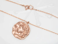 Antique medusa coin pendant, solid 14k rose gold necklace