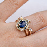 Art deco floral, solid 14k yellow gold engagement ring blue sapphire & color diamond ring