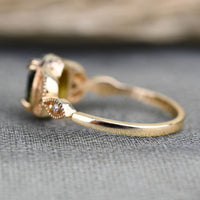 Olive Green Sapphire Floral Engagement Ring. Solid 14k Yellow Gold White Diamond Ring